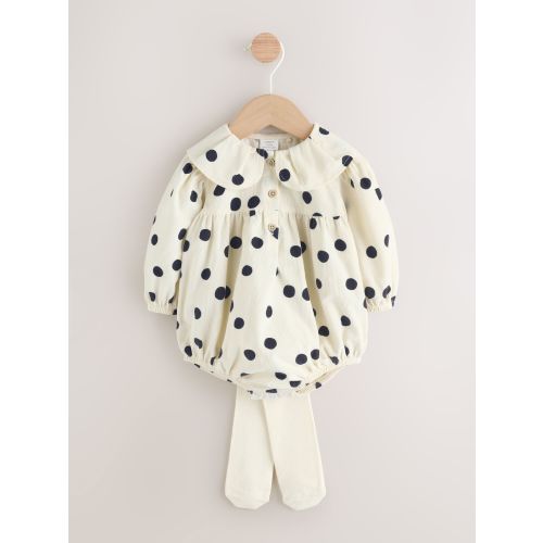 Cream/Charcoal Polka Dot Baby Bloomer Rompers Set 2 Piece with Tights (0mths-3yrs)