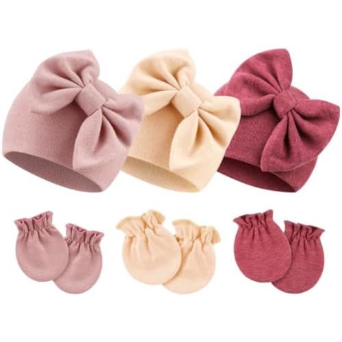 BQUBO Newborn Girls Hats Baby Hat and Mittens Set Infant Caps Bow Hospital Beanie with No Scratch Mittens for Baby Boys Girls