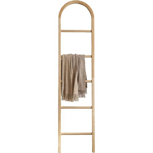 Wooden Blanket Ladder - Natural & Motley Wood - Leaning Wall Decor for Bedroom, Bathroom, Living Room - Rustic Quilt Holder & Towel Rack (Light Wood Color-Curved, 76in（5-Tier）)