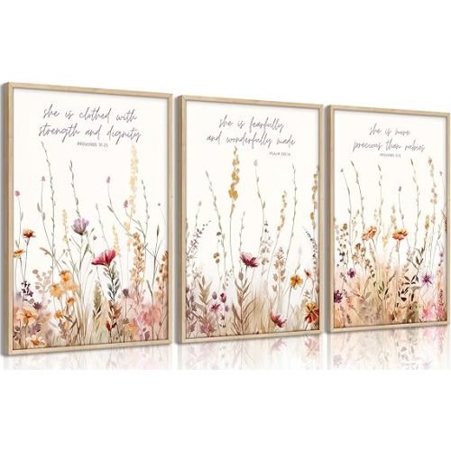 MALEDO 3Pcs Christian Nursery Canvas Wall Art Bible Verse Floral Pictures Wall Decor Boho Wildflower Nursery Posters Vintage Flower Scripture Painting Prints Artwork for Girls Room Living Room Bedroom