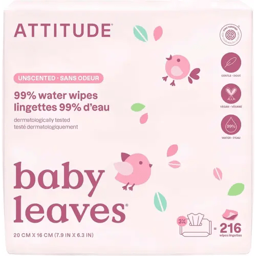 ATTITUDE Baby Water Wipes, EWG Verified, Safe for Newborns, Unscented & Fragrance-Free, 99% Water, Gentle, Vegan & Dermatologically Tested, Travel Pack with Hard Lid, 72 Count (Pack of 3)