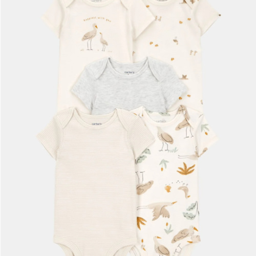 Baby 5-Pack Striped Birds Short-Sleeve Cotton Bodysuits - Ivory | Carter's