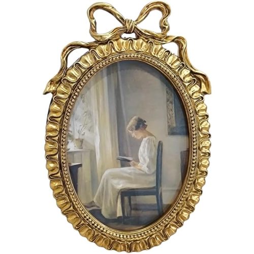 LONG XIN SERIES 1PCS 5x7 Inch Vintage Picture Frame Oval Bowknot Resin Picture Frame with Glass Front for Home Decor Tabletop Wall Hanging Display (Vintage Gold)