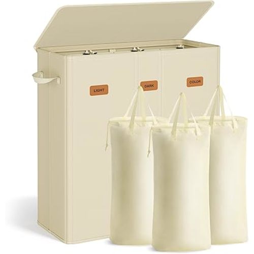 SONGMICS 47.6 Gallon (180 L) Laundry Hamper, 3-Compartment Laundry Basket Sorter with Lid, Labels, Removable Liner Bags, for Bedroom, Cream White URLH013W01