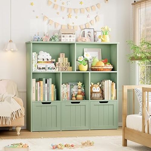 FOTOSOK Toy Storage Organizer with 3 Movable Drawers, Toy Organizer with Hidden Wheels and 5 Open Cubbies, Multifunctional Floor Storage Chest for Playroom, Green