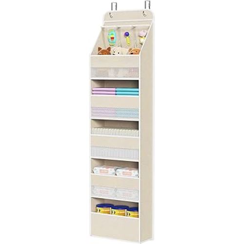 Univivi 6-Shelf Over Door Hanging Organizer Fabric Baby Door Storage with 5 Extra Large Capacity Pockets Behind the Door Hanging Storage Organizers Easy Install Door Storage for Baby Essential (Beige)