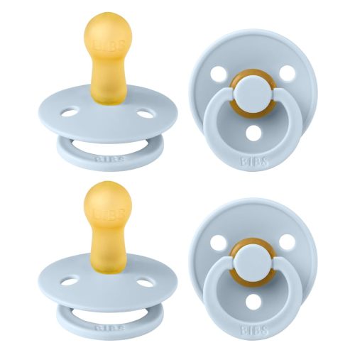 BIBS Color Pacifier 4-Pack, BPA Free Soother Pacifier, Round Nipple. Natural Rubber Latex, Made in Europe, Size 2 (6-18 Months), Baby Blue | Natural Rubber Latex | Size 2 | BPA-Free | Made in Denmark | High Nipple Acceptance | Airflow Holes | Comfort S...