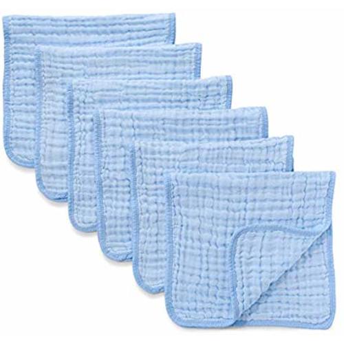 Muslin Burp Cloths 6 Pack Large 100% Cotton Hand Washcloths 6 Layers Extra Absorbent and Soft (Blue)