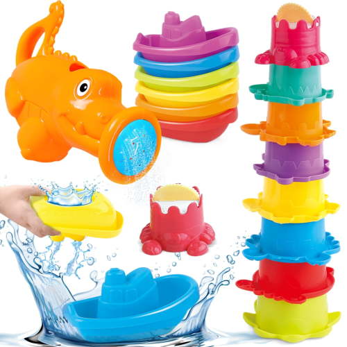 Baby Bath Toys for 6-12-18 Months Infant,15 PCS Kids Bathtub Toys with Floating Boats, Stacking Cup Shower,Babies Water Table Pool Toy Birthday Gift for Toddler1-3