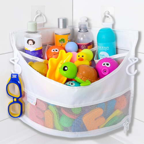 Large Bath Toy Organizer – 3 Compartment Bath Toy Holder for Bathtub & Shower – Quick-Dry Mesh with 4 Strong Adhesive Hooks – Kids Toys Storage Net for Bathroom
