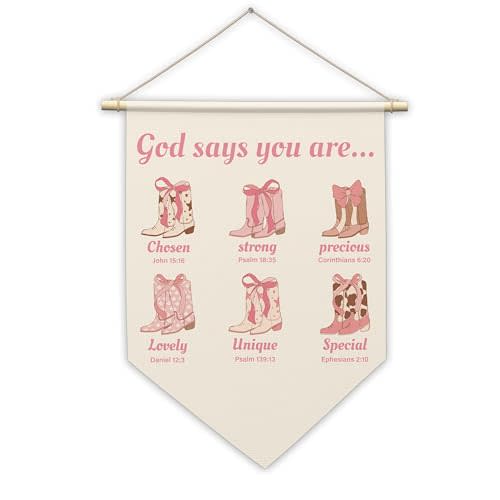Christian Canvas Hanging Pennant Flag, God Says You Are - Hanging Banner Wall Sign Decor Gifts, Cowgirl Nursery Bedroom Decor, Birthday Christmas Wall Art Decoration Gifts For Baby Kids Girls, 25
