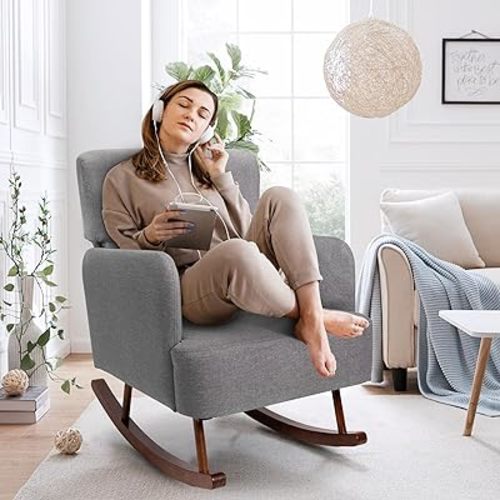 COCO DESIGN Fabric Rocking Chair, Rocking Chair for Nursery Indoor for Living Room, Modern Glider Rocker Chair(Grey)