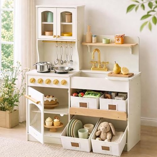 Tiny Land Wooden Play Kitchen for Kids with Toy Storage for Pretend Play | Built-In Cabinets, Felt Bins & Cookware Accessories Make Cleanup Easy While Encouraging Organizational Skills