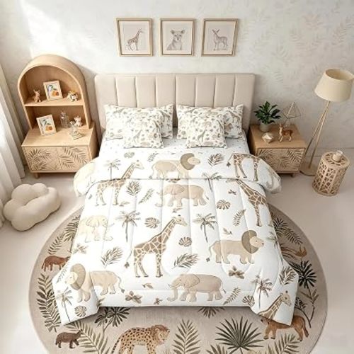Feelyou Kids Jungle Animals Comforter Set Full Size Elephant Lion Giraffe Bedding Sets Boys Teens African Safari Animal Bed in a Bag with 2 Pillowcases,Brown
