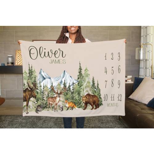 Woodland Creature Milestone Blanket Personalized, Custom Milestone, Boy Milestone Blanket, Monthly Blanket, Growth Tracker Blanket, Nursery