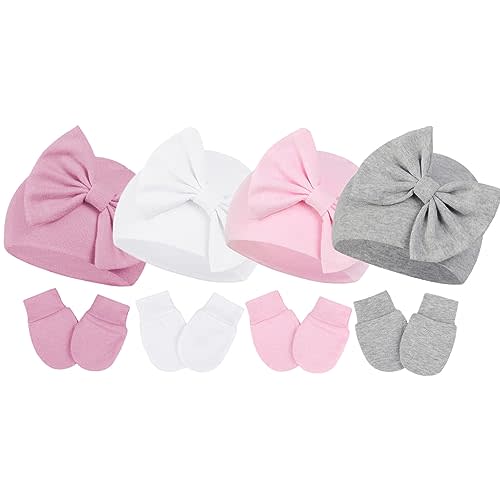 Century Star Newborn Baby Girl Hats and Mittens Set, Hospital Hat, Bow Beanie Infant Gift, Soft Cotton Gloves for 0-6 Months