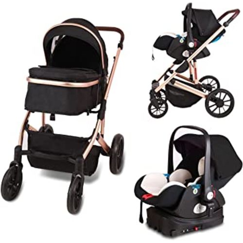 Trenana 2 in1 Baby Stroller,High Landscape Infant Stroller,Reversible Stroller,Adjustable Backrest & Canopy,Foldable Aluminum Alloy Anti-Shock for Newborn (530-Black)