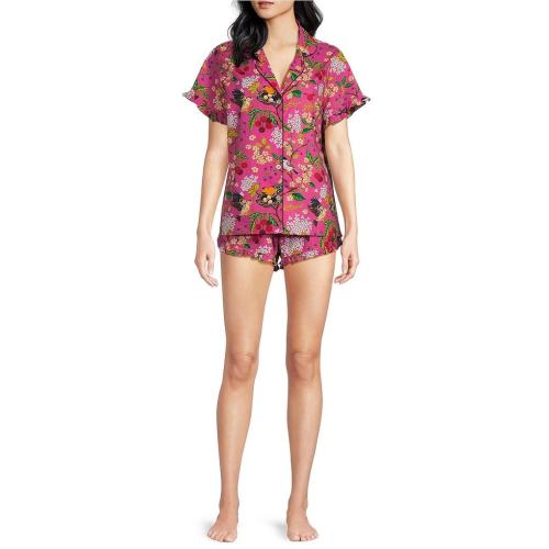 Printfresh Bird & Blossom Print Organic Cotton Short Sleeve Notch Collar Woven Shorty Pajama Set