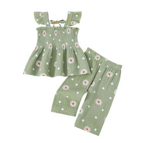 SUREPOCH Toddler Baby Girl Clothes Summer Outfits Heart Daisy Print Sleeveless Camisole Linen Pants Set for Little Girls