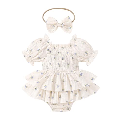 Happy Town Baby Girl Clothes Infant Summer Romper Dress Ruffle Short Sleeve Jumpsuit with Headband Cute Toddler Outfits
