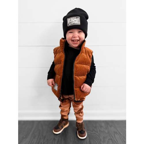 Reversible Puffer Vest in Rust + Black Corduroy