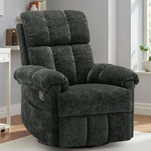 Korser Recliner Chair, Swivel Rocker Recliner Chair for Adults, Small Recliners for Small Spaces, Upholstered Manual Recliner with Side Pockets, Nursery Rocking Chair for Living Room, Chenille, Black