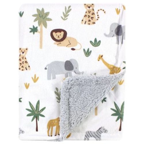 Hudson Baby Infant Boys Plush Blanket with Faux Shearling Back, Safari, One Size