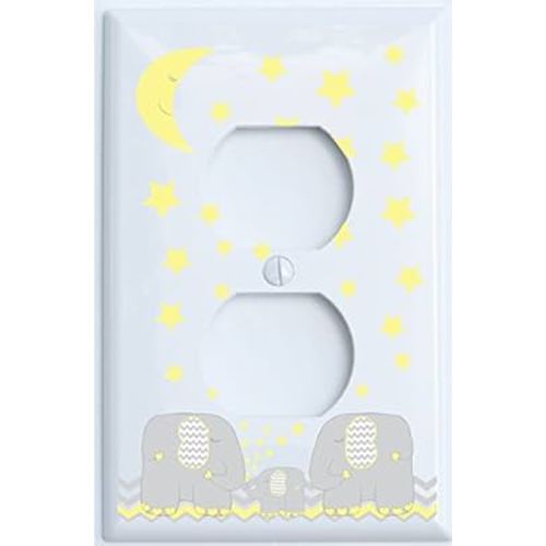 Yellow Elephant Outlet Switch Plate Covers with Yellow Moon and Stars/Elephant Nursery Decor with Grey and Yellow Chevrons (Outlet Cover)