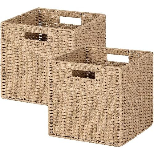 11x11 Inch Wicker and Paper Rope Storage Baskets (2-Pack) - Foldable Cube Organizer Bins for Shelves, Closet, Hand-Woven(Natural Beige)