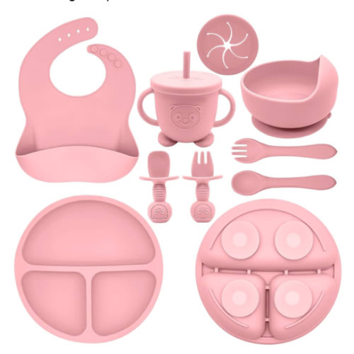 Silicone Baby Feeding Set | Baby Led Weaning Supplies Includes Suction Bowls and Divided Plates, Adjustable Bib, Baby Utensils Spoons and Forks,Cup | Baby Feeding Essentials (Pink)