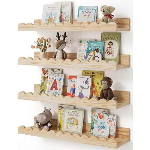 Nursery Book Shelves, 4-Pack White Floating Shelves for Wall Kids, Scalloped Shelves, Wall Book Shelves for Bedroom Kids, Toddler Room, Baby Room, Nursery Decor