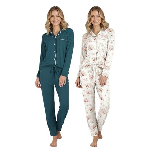Real Essentials 2 Pack: Women's Soft Pajama Set | Button Down Top and Lounge Sleep PJ Pants | Matching Sleepwear (Plus Size)