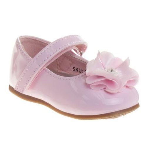 Josmo Infant Girls Hook and Loop Faux Leather Flat Heel Dress Shoes with Flower Ornament, Pink Patent, Size: 3