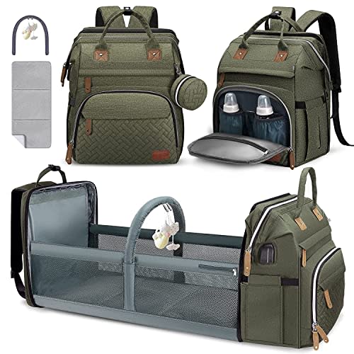 DERJUNSTAR Diaper Bag Backpack, Large Baby Bag with Changing Pad, Thick Padded Back & Straps, Laptop Compartment, Waterproof Travel Backpack with USB Port, Multi-Function for Mom & Dad, Army Green