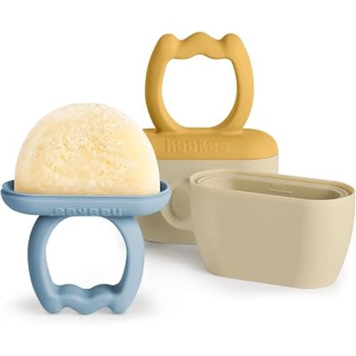 Haakaa Breastmilk Popsicle Molds Baby Teething Relief, Frozen Breast Milk & Puree Teether Popsicle Maker, Ice Pop Molds for Infant 6m+, BPA Free Silicone (Sky Blue + Mustard)
