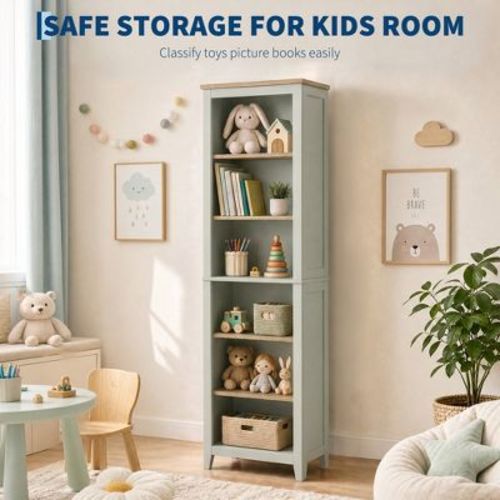 6-Tier Tall Bookshelf, 70.3" Display Storage Shelf Organizer, Standing Bookcase, Light green wood color