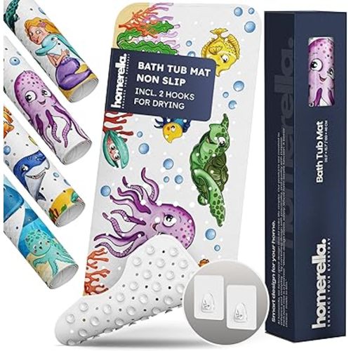 Homerella Baby Bath Tub Mat | Anti Mold Mildew Resistant Non Slip Kids and Adult Bath Tub Shower Mats | 40x16 inch Long with Suction Cups for Secure Grip Hooks for Storage & Drying | Machine Washable