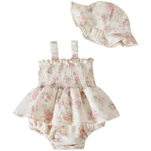 Baby Girl Dress Boho Floral Smocked Dress with Hat Sleeveless Halter Neck Toddler Baby Girl Summer Clothes