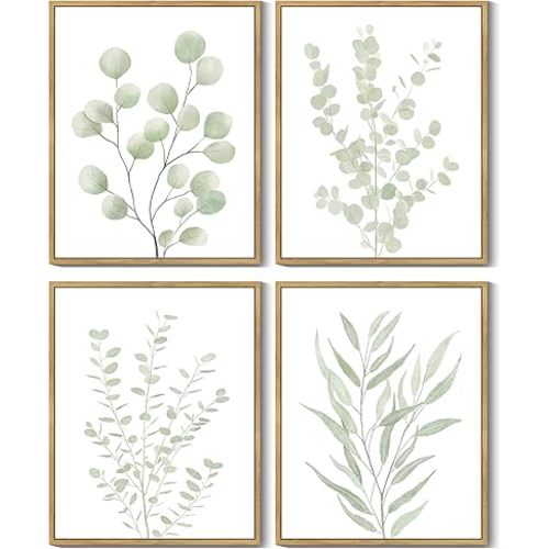 Drsoum Botanical Plant Framed Wall Art Boho Wall Decor for Bathroom Sage Green Eucalyptus Leaf Prints Minimalist Aesthetic Ready to Hang Set of 4, 8x10 in (Natural Framed)