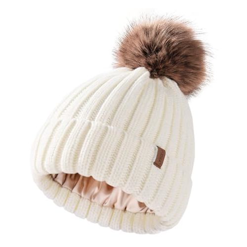 FURTALK Toddler Beanie Satin Lined Baby Boys Girls Winter Hats Pom Pom Beanies for Kids