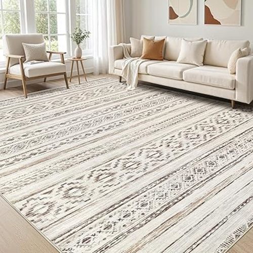 cotiled 10x14 Area Rugs Living Room Rug: Washable Boho Rugs with Non Slip Backing Large Soft Indoor Stain Resistant Carpet for Bedroom Farmhouse Dining Room Lightweight Home Decor Cream Brown