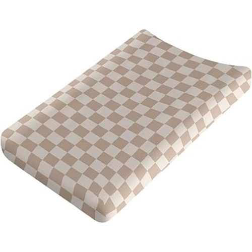 Beige Checkered Changing Pad Cover for Baby Girls Boys Cartoon Breathable Diaper Change Table Sheet Soft Stretchy Cute Change Table Mat Cover Fit 32x16