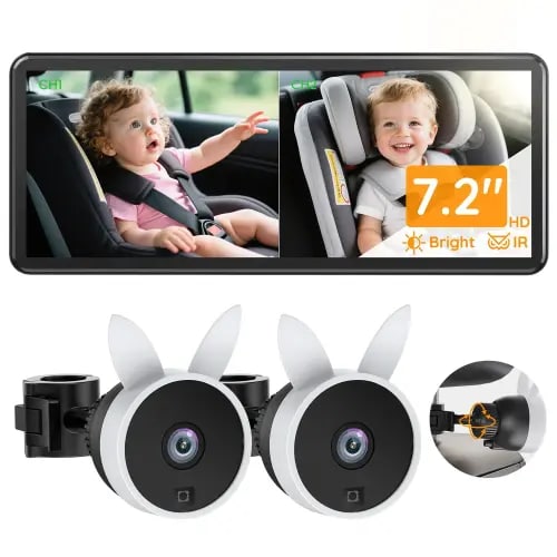Babyvue BV3 PRO Baby Car Camera for 2 Kids - 7.2" Large HD Display Dual Channel Baby Monitor, 1080P IR Night Vision Car Seat Camera, Easy Install Rear-Facing View – Ideal for Kids and Pet Safety