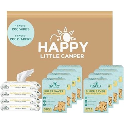 Happy Little Camper Diapers, Size 1, 200 Ct, Totally Chlorine Free (TCF) | Soft, Secure & Absorbent with Up to 12-Hour Leak Protection for Day & Night