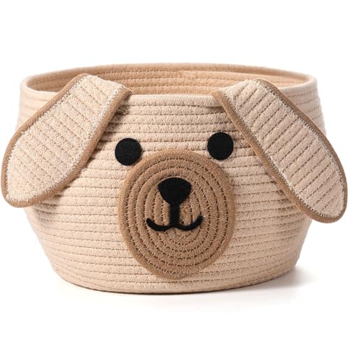Zopeal Woven Dog Basket with Handles for Toy Storage,Khaki,13 x 8 Inch | Pet Gift Basket, Toys Storage Organizer, Cotton Rope Rectangular Bin, Keeps Puppy Items Organized, Sturdy Handles