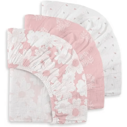 Gllquen Baby Muslin Mini Crib Sheets 3 Pack, Breathable Pack and Play Sheets Fitted Soft Cozy Cotton Pack N Play Sheets for Baby Boy Girls, Universal Fitted Mini Crib Mattresses 38"x26" (Pink)