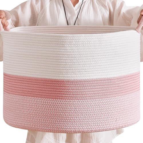 Round Cotton Rope Storage Basket - 22x14.2 Inches - Cute Nursery Bin, Baby Toy Organizer, Pink Organizer for Home Decor, Multi-Purpose Home Tidy Solution
