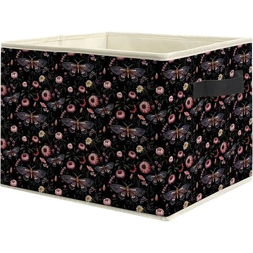 Moody Witchy Moth Floral Storage Bin Box, Dark Academia Gothic Wildflower Butterfly Collapsible Storage Basket Organizer for Bedroom Bathroom Clothes Toys Books, Toybox for Girls