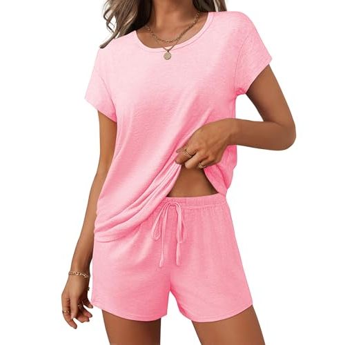 Ekouaer Women 2 Piece Pajamas Set Short Sleeve Comfy Lounge Set Round Neck Tops and Shorts Pjs with Pockets