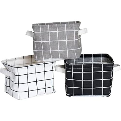 FocuH Stylish Storage Basket Cotton and Linen Fabric Mini Storage Cubes Nursery Storage Baskets with Handles for Shelves & Desks (Set of 3)